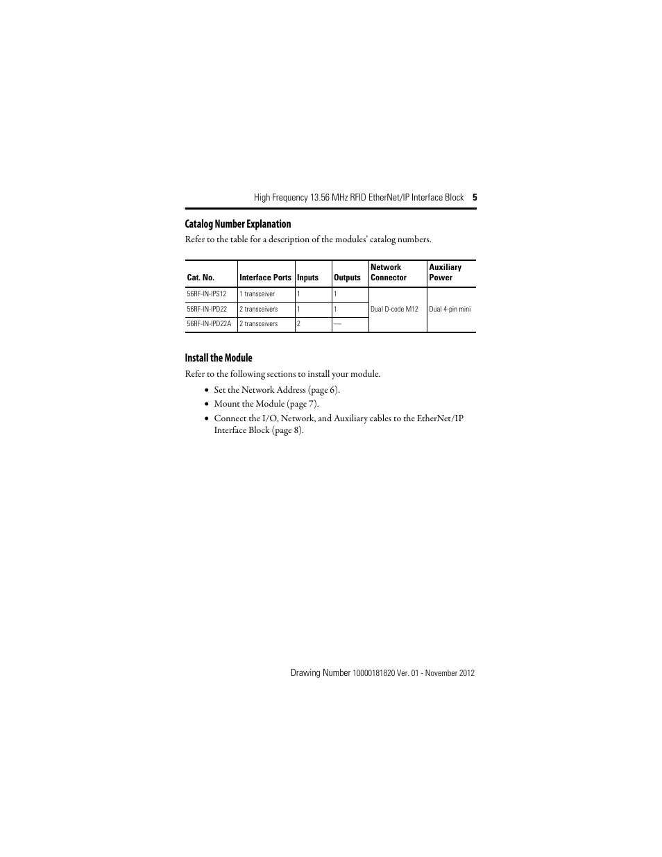 Catalog number explanation, Install the module | Rockwell Automation 56RF High Frequency 13.56 MHz RFID EtherNet/IP Interface Block User Manual | Page 5 / 20