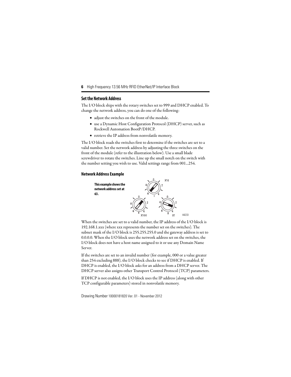 Set the network address, Network address example | Rockwell Automation 56RF High Frequency 13.56 MHz RFID EtherNet/IP Interface Block User Manual | Page 6 / 20