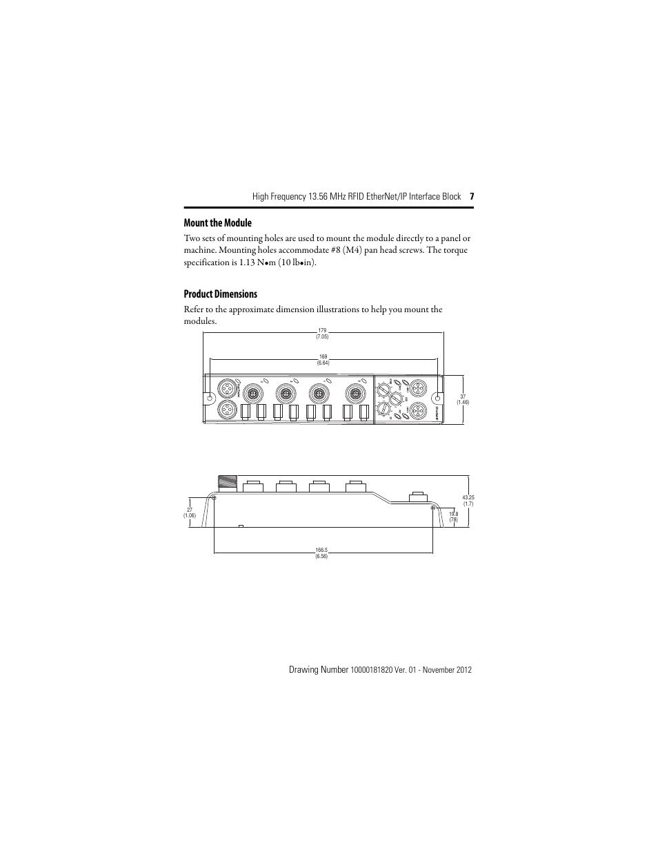 Mount the module, Product dimensions | Rockwell Automation 56RF High Frequency 13.56 MHz RFID EtherNet/IP Interface Block User Manual | Page 7 / 20