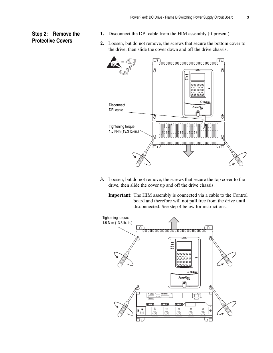Step 2: remove the protective covers | Rockwell Automation 20P PowerFlex DC Drive - Frame B Switching Power Supply Circuit Board User Manual | Page 3 / 10