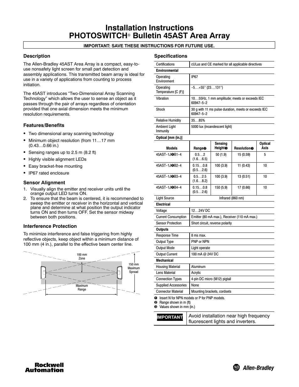 Rockwell Automation 45AST Area Array User Manual | 2 pages