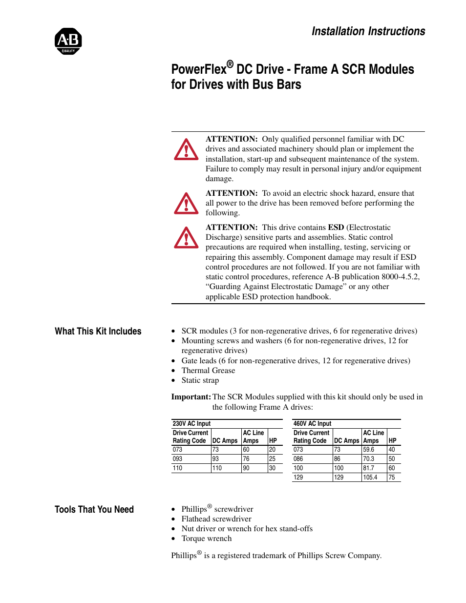 Rockwell Automation 20P PowerFlex DC Drive - Frame A SCR Modules for Drives with Bus Bars User Manual | 18 pages