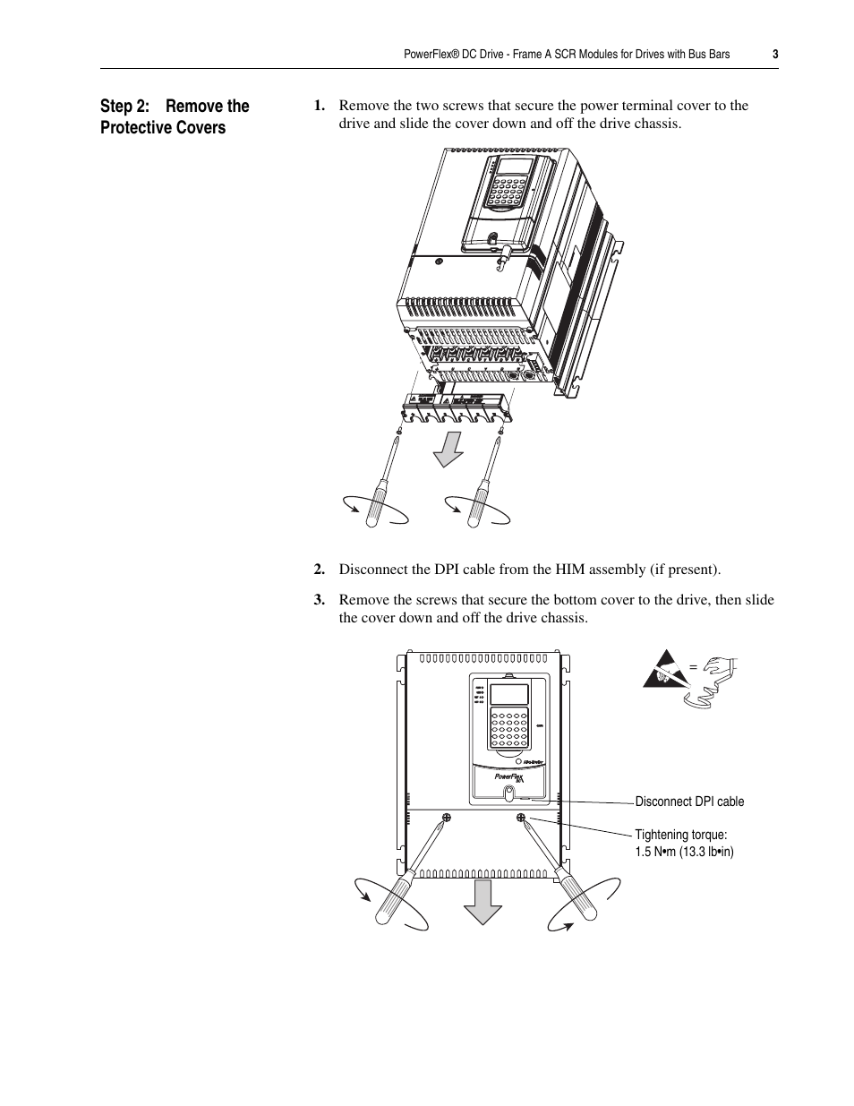 Step 2: remove the protective covers | Rockwell Automation 20P PowerFlex DC Drive - Frame A SCR Modules for Drives with Bus Bars User Manual | Page 3 / 18