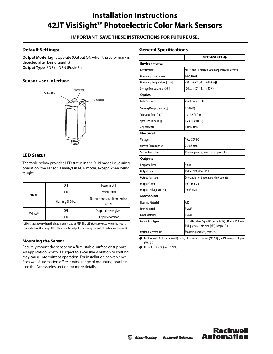 Rockwell Automation 42JT VisiSight Photoelectric Color Mark Sensors User Manual | 4 pages
