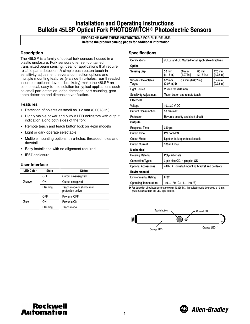 Rockwell Automation 45LSP Optical Fork PHOTOSWITCH Photoelectric Sensors User Manual | 4 pages