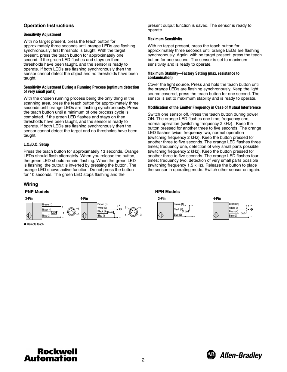 2operation instructions, Wiring | Rockwell Automation 45LSP Optical Fork PHOTOSWITCH Photoelectric Sensors User Manual | Page 2 / 4