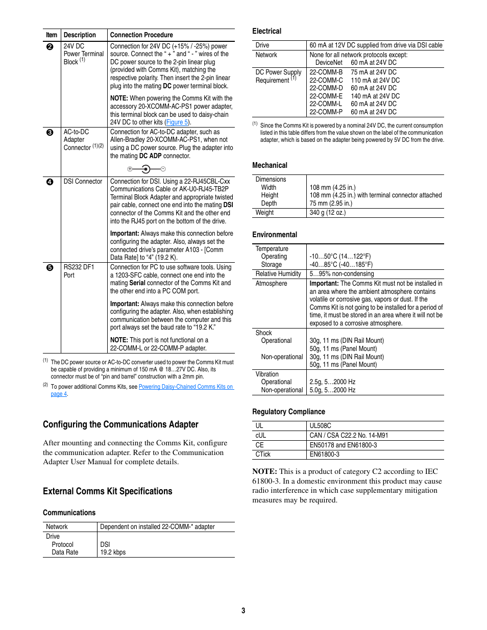 Configuring the communications adapter, External comms kit specifications, Communications | Electrical, Mechanical, Environmental, Regulatory compliance | Rockwell Automation 22-XCOMM-DC-BASE DSI External Communications Kit User Manual | Page 3 / 4