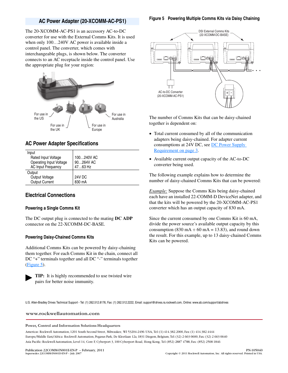 Ac power adapter (20-xcomm-ac-ps1), Ac power adapter specifications, Electrical connections | Powering a single comms kit, Powering daisy-chained comms kits, Figure 5, Powering daisy-chained comms kits on | Rockwell Automation 22-XCOMM-DC-BASE DSI External Communications Kit User Manual | Page 4 / 4