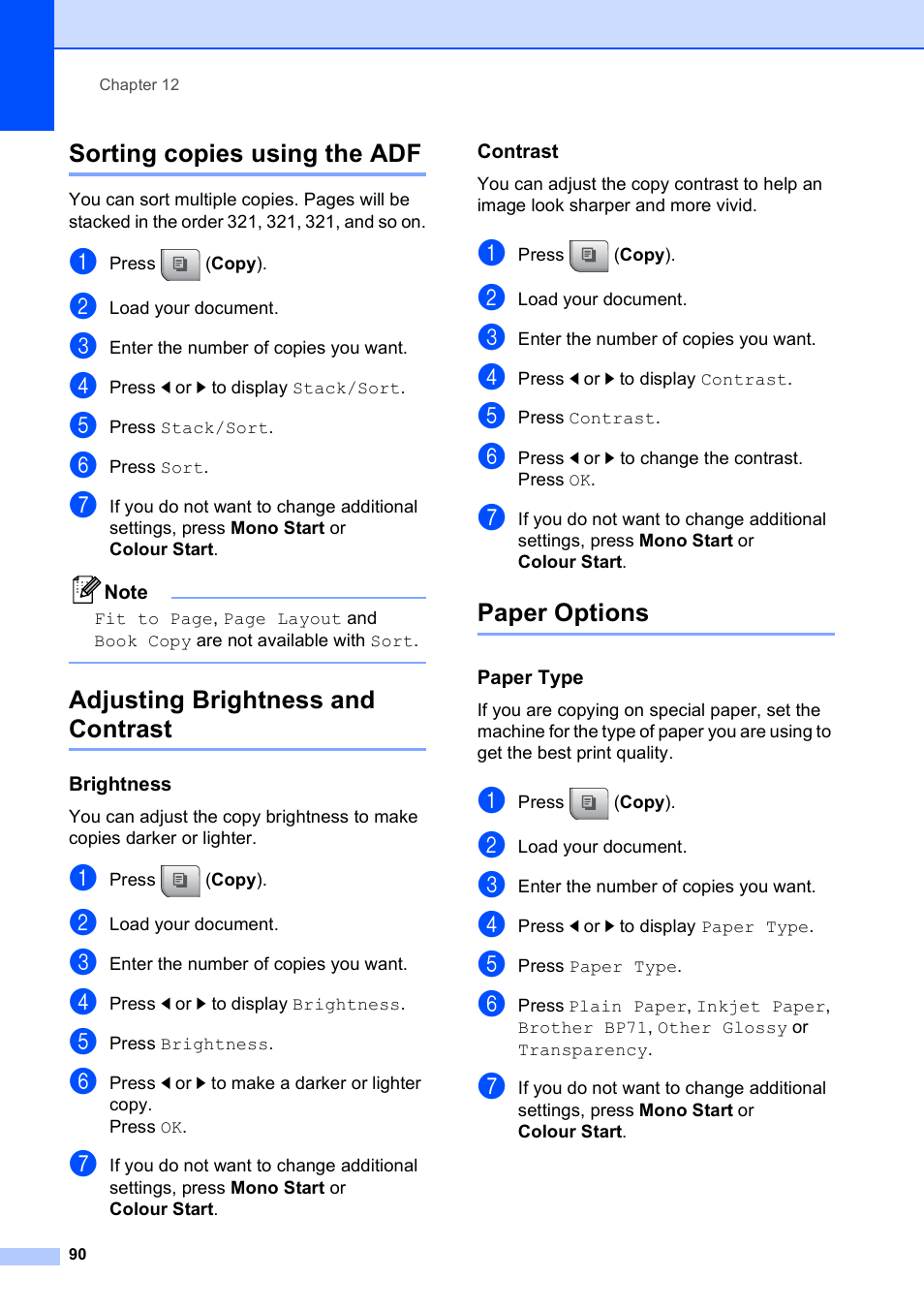 Sorting copies using the adf, Adjusting brightness and contrast, Brightness | Contrast, Paper options, Paper type | Brother MFC 990cw User Manual | Page 102 / 227