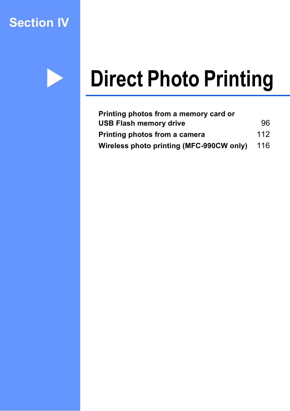 Section iv: direct photo printing, Section iv direct photo printing, Direct photo printing | Brother MFC 990cw User Manual | Page 107 / 227