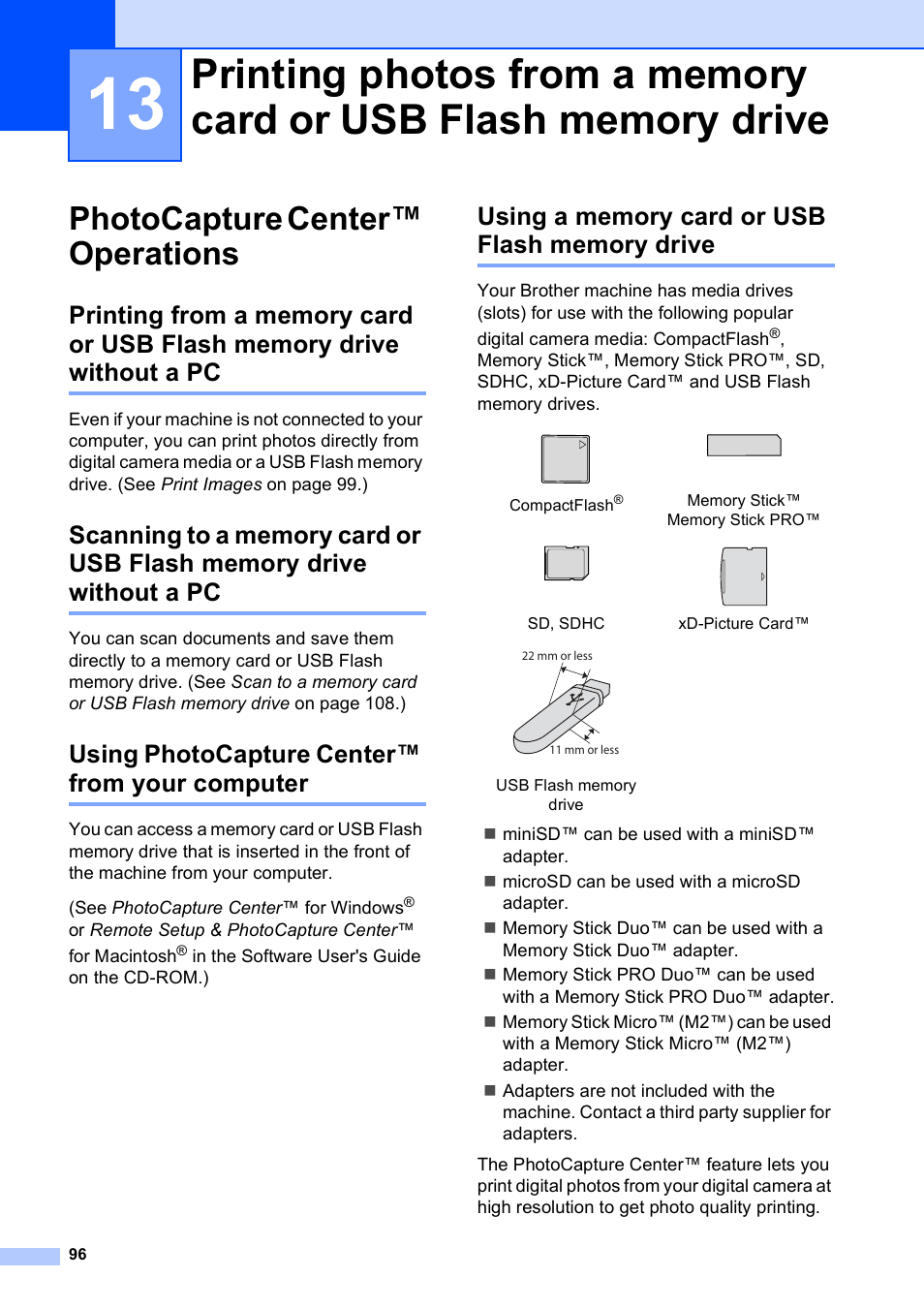 Photocapture center™ operations, Using photocapture center™ from your computer, Using a memory card or usb flash memory drive | Brother MFC 990cw User Manual | Page 108 / 227