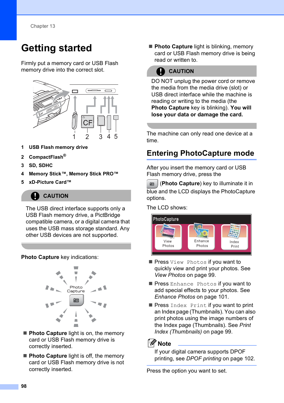 Getting started, Entering photocapture mode | Brother MFC 990cw User Manual | Page 110 / 227