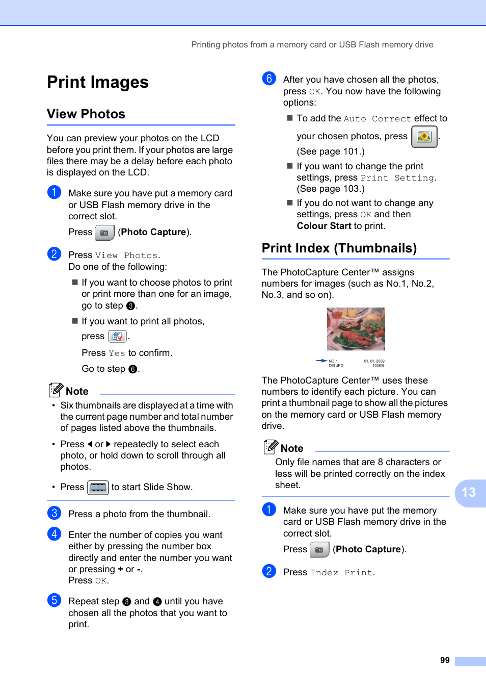 Print images, View photos, Print index (thumbnails) | View photos print index (thumbnails) | Brother MFC 990cw User Manual | Page 111 / 227