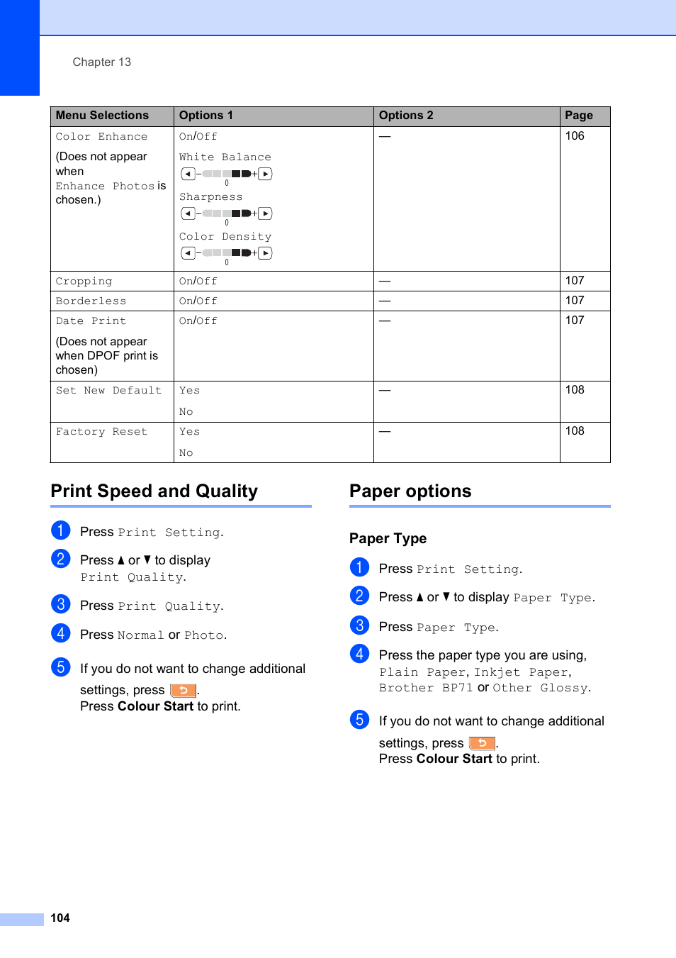 Print speed and quality, Paper options, Paper type | Print speed and quality paper options | Brother MFC 990cw User Manual | Page 116 / 227