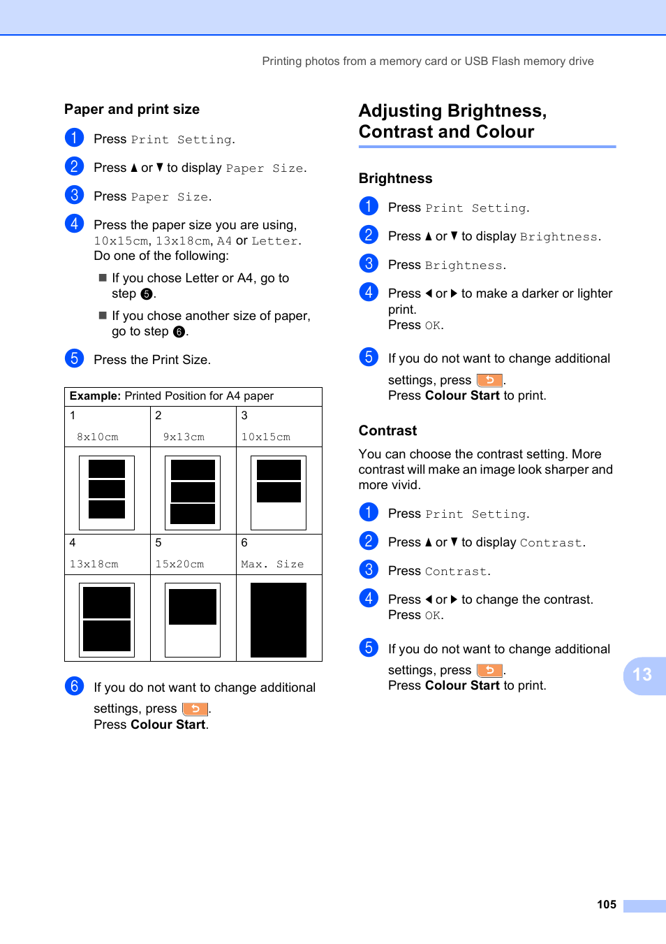 Paper and print size, Adjusting brightness, contrast and colour, Brightness | Contrast | Brother MFC 990cw User Manual | Page 117 / 227