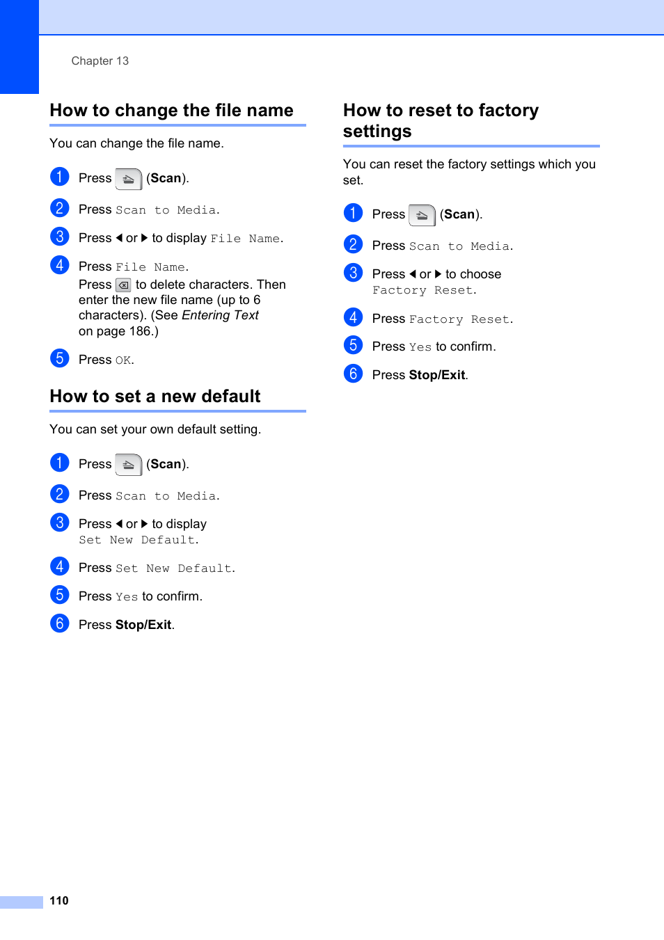 How to change the file name, How to set a new default, How to reset to factory settings | Brother MFC 990cw User Manual | Page 122 / 227