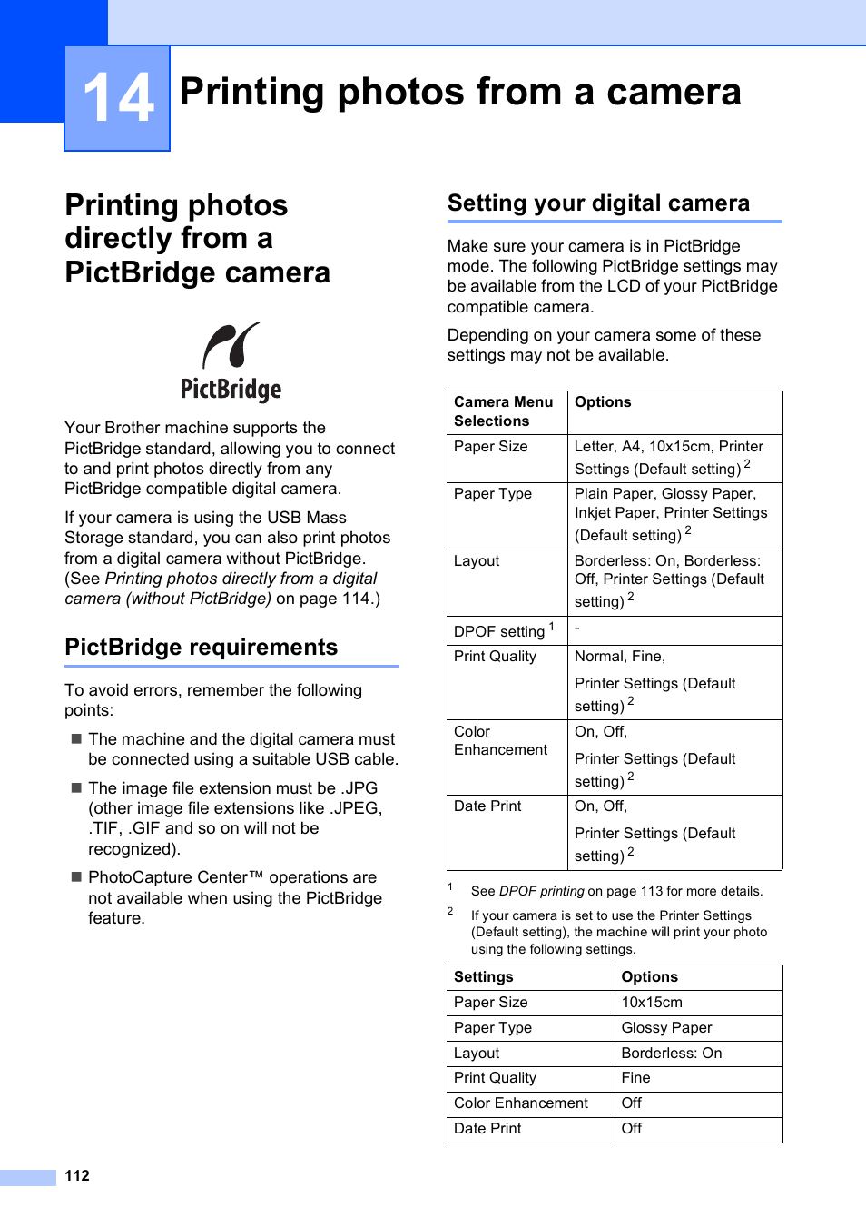 14 printing photos from a camera, Printing photos directly from a pictbridge camera, Pictbridge requirements | Setting your digital camera, Printing photos from a camera | Brother MFC 990cw User Manual | Page 124 / 227