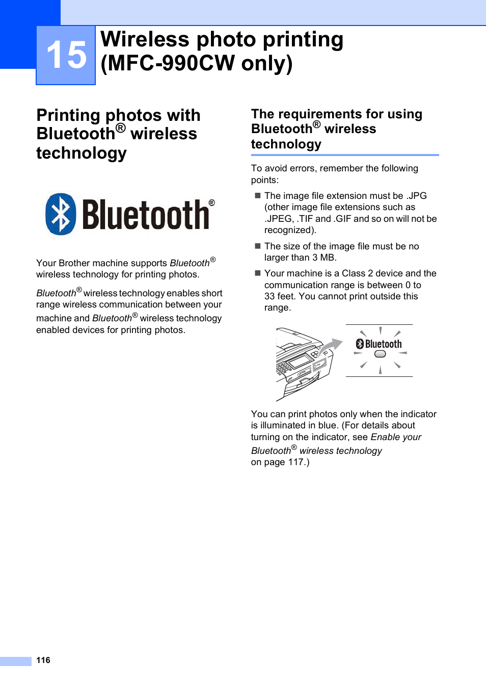 15 wireless photo printing (mfc-990cw only), Wireless photo printing (mfc-990cw only), Printing photos with bluetooth | Wireless technology, The requirements for using bluetooth | Brother MFC 990cw User Manual | Page 128 / 227