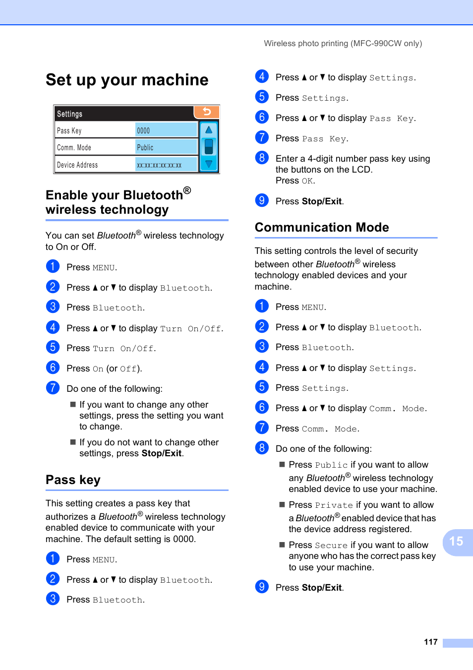Set up your machine, Enable your bluetooth® wireless technology, Pass key | Communication mode, Enable your bluetooth, Wireless technology, Pass key communication mode | Brother MFC 990cw User Manual | Page 129 / 227