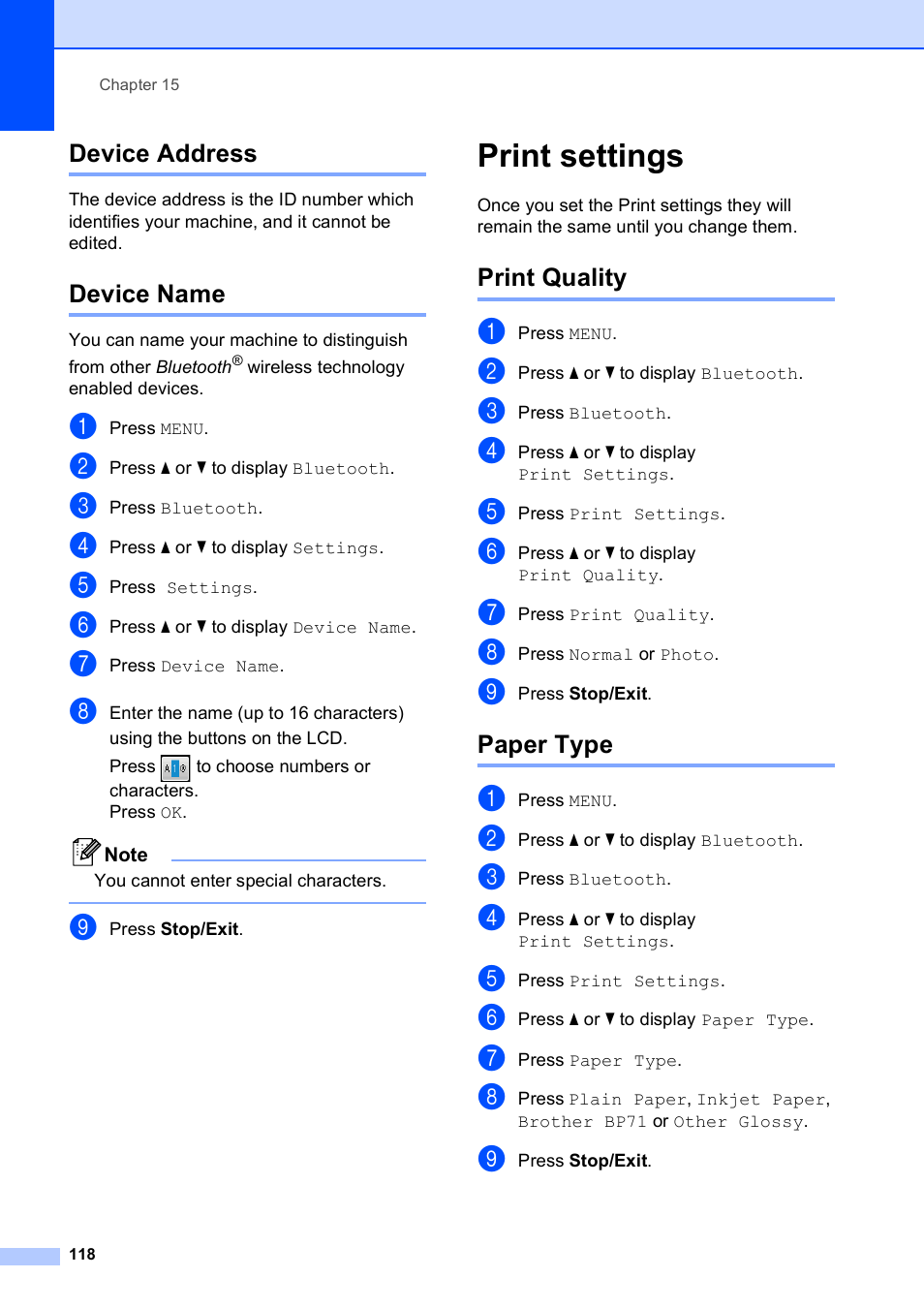 Device address, Device name, Print settings | Print quality, Paper type, Device address device name, Print quality paper type | Brother MFC 990cw User Manual | Page 130 / 227