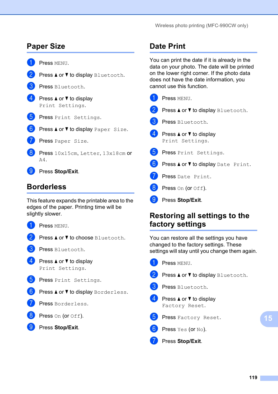 Paper size, Borderless, Date print | Restoring all settings to the factory settings | Brother MFC 990cw User Manual | Page 131 / 227