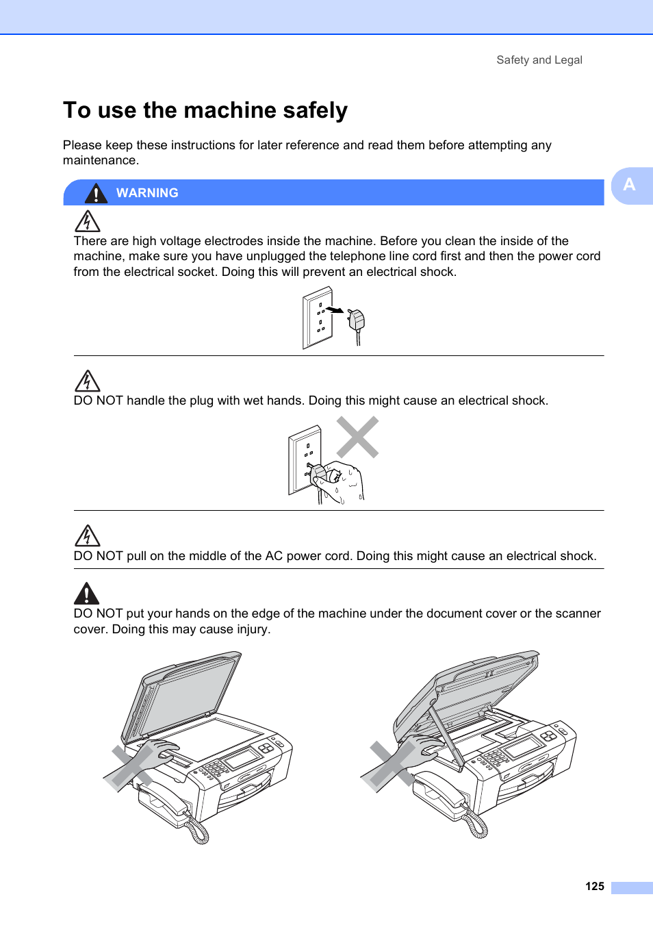 To use the machine safely, Safety and legal 125 | Brother MFC 990cw User Manual | Page 137 / 227