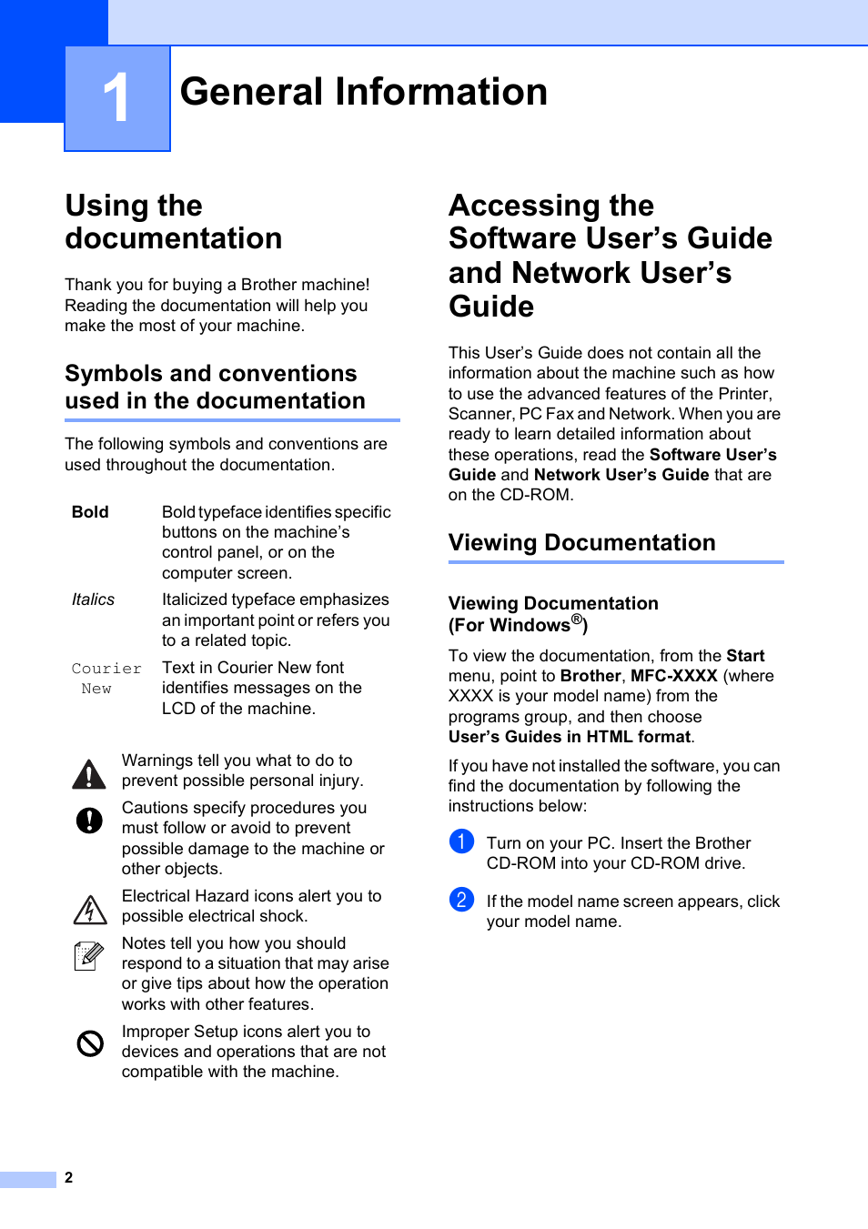 1 general information, Using the documentation, Symbols and conventions used in the documentation | Viewing documentation, Viewing documentation (for windows®), General information | Brother MFC 990cw User Manual | Page 14 / 227