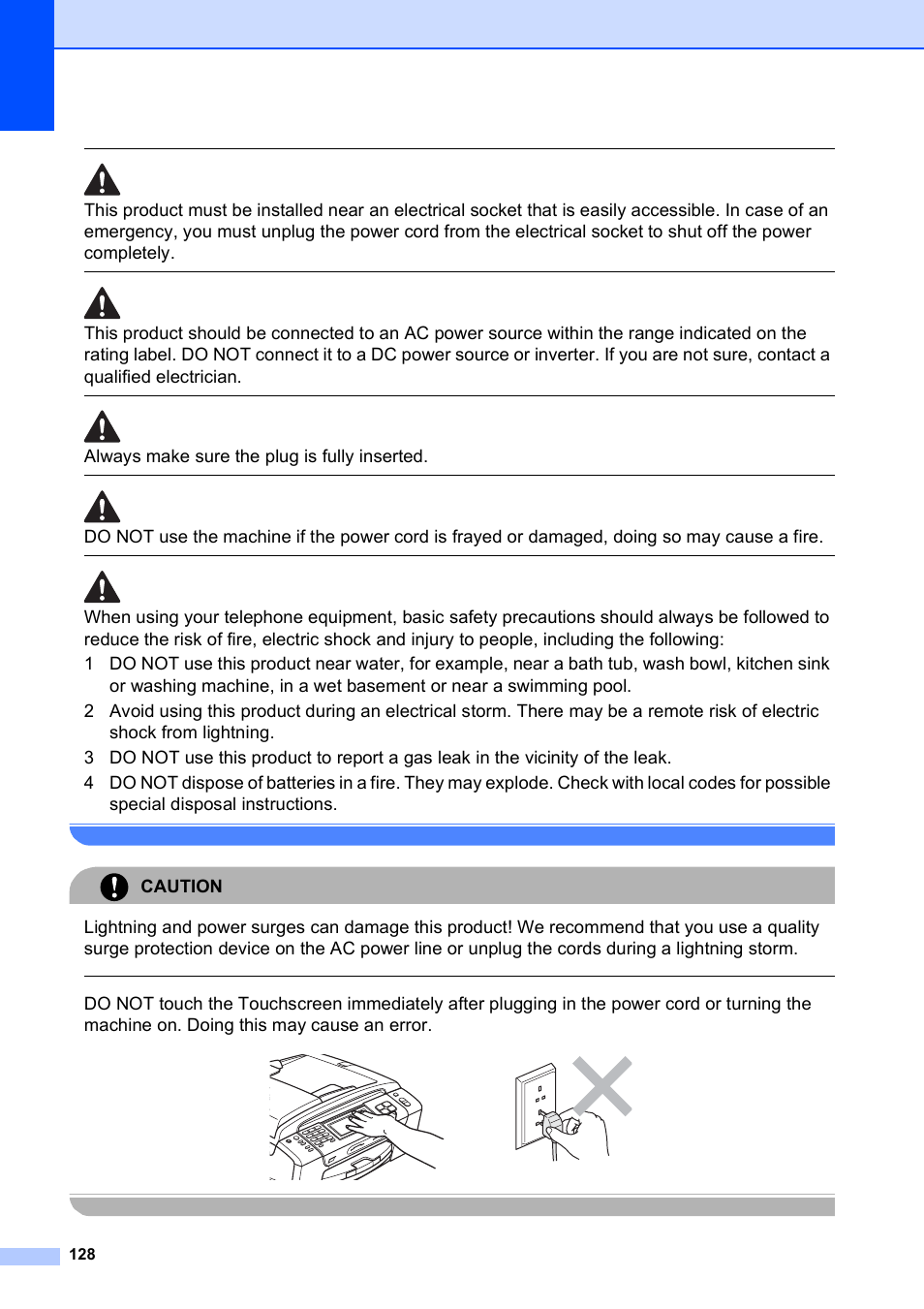 Always make sure the plug is fully inserted, Caution | Brother MFC 990cw User Manual | Page 140 / 227