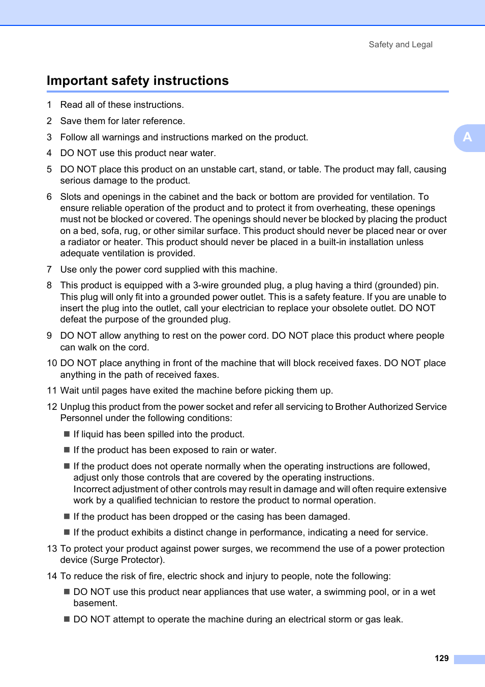 Important safety instructions, Aimportant safety instructions | Brother MFC 990cw User Manual | Page 141 / 227