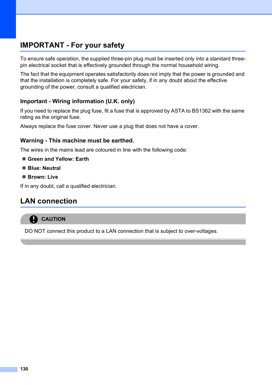 Important - for your safety, Lan connection, Important - for your safety lan connection | Important - wiring information (u.k. only), Warning - this machine must be earthed | Brother MFC 990cw User Manual | Page 142 / 227