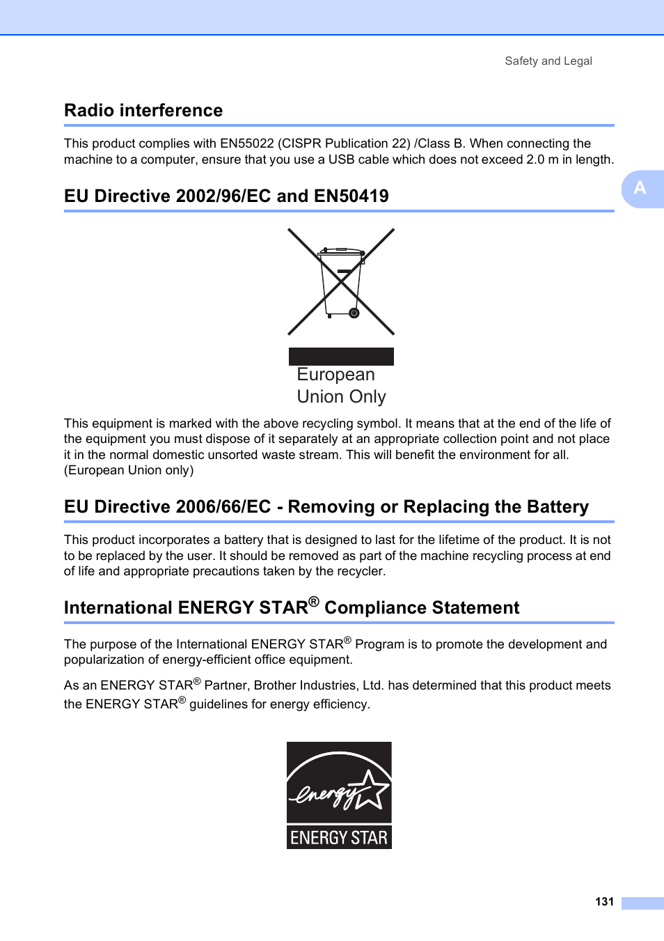 Radio interference, Eu directive 2002/96/ec and en50419, International energy star® compliance statement | Compliance statement, European union only, Aradio interference, International energy star | Brother MFC 990cw User Manual | Page 143 / 227