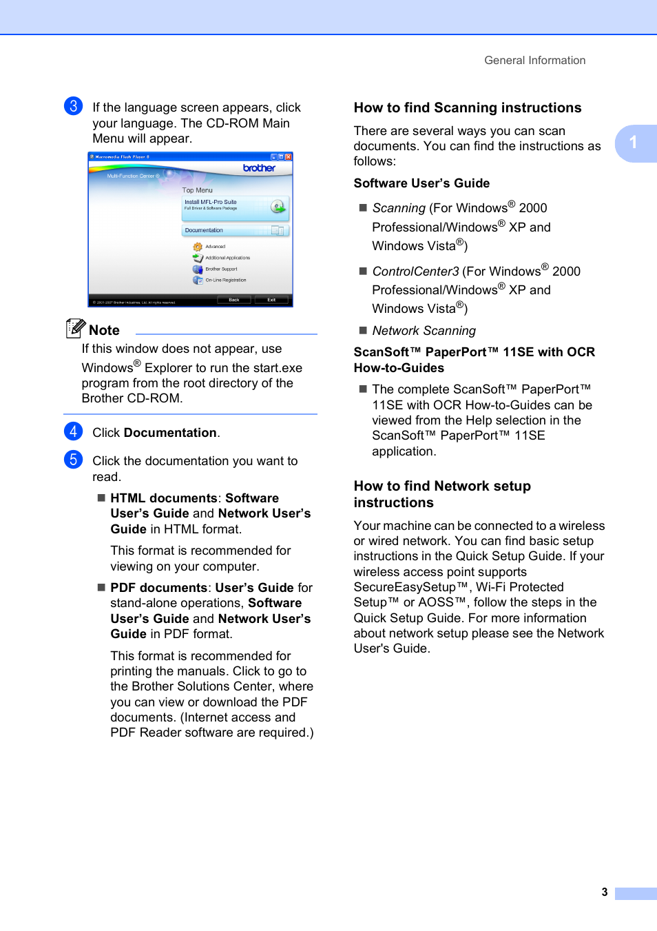 How to find scanning instructions, How to find network setup instructions | Brother MFC 990cw User Manual | Page 15 / 227