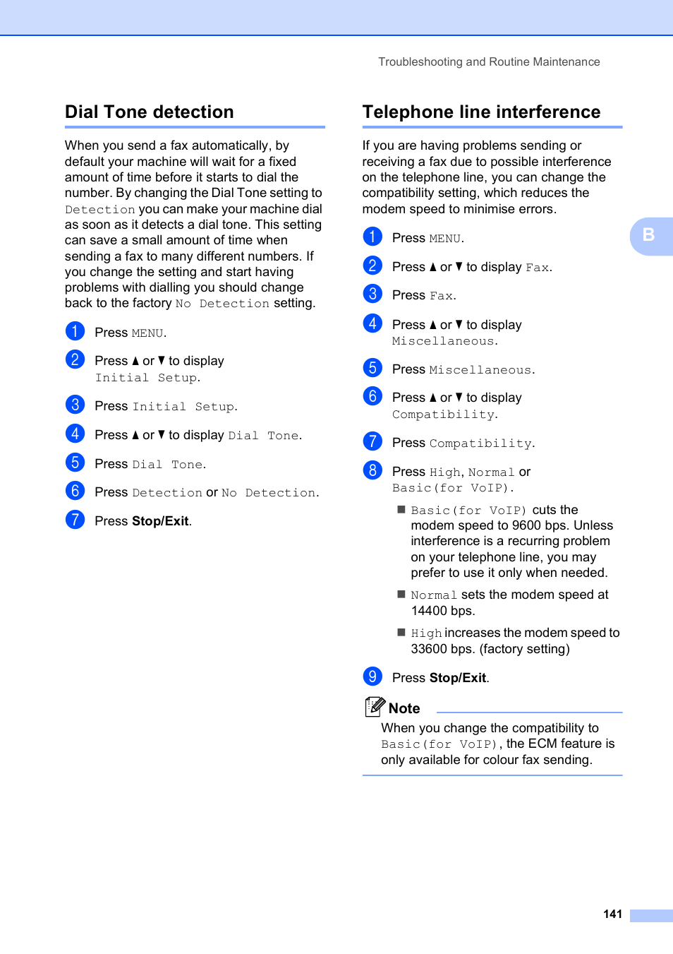 Dial tone detection, Telephone line interference, Dial tone detection telephone line interference | Bdial tone detection | Brother MFC 990cw User Manual | Page 153 / 227