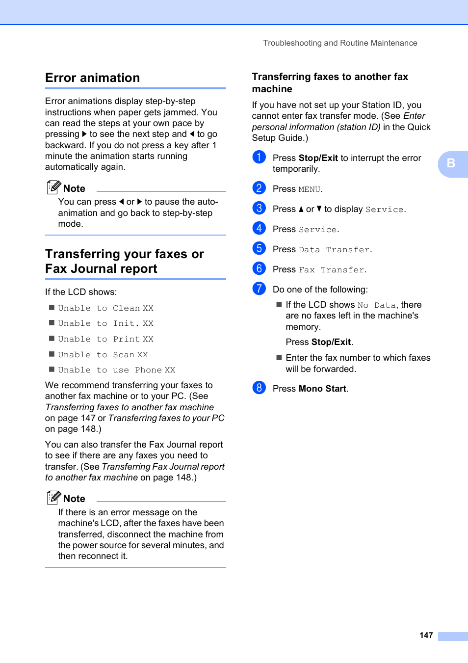 Error animation, Transferring your faxes or fax journal report, Transferring faxes to another fax machine | Berror animation | Brother MFC 990cw User Manual | Page 159 / 227