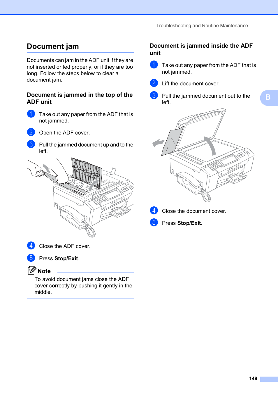 Document jam, Document is jammed in the top of the adf unit, Document is jammed inside the adf unit | Bdocument jam | Brother MFC 990cw User Manual | Page 161 / 227