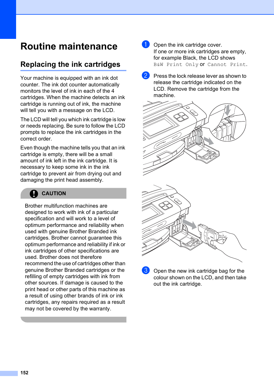 Routine maintenance, Replacing the ink cartridges | Brother MFC 990cw User Manual | Page 164 / 227
