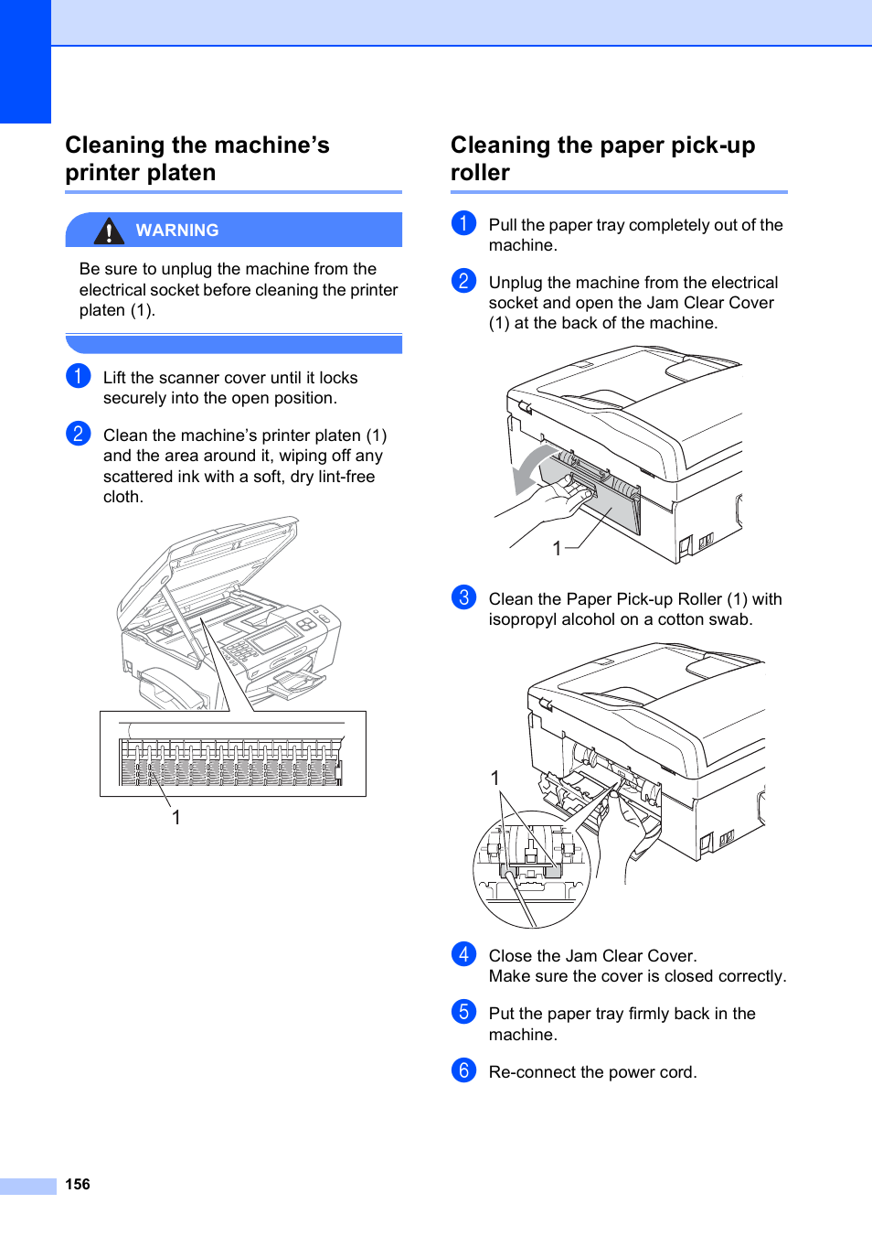 Cleaning the machine’s printer platen, Cleaning the paper pick-up roller | Brother MFC 990cw User Manual | Page 168 / 227