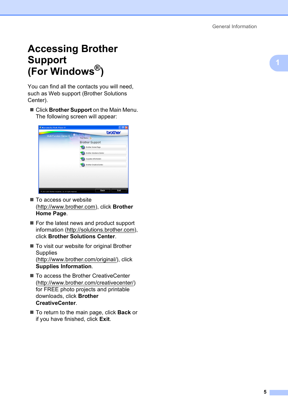 Accessing brother support (for windows®), Accessing brother support (for windows | Brother MFC 990cw User Manual | Page 17 / 227