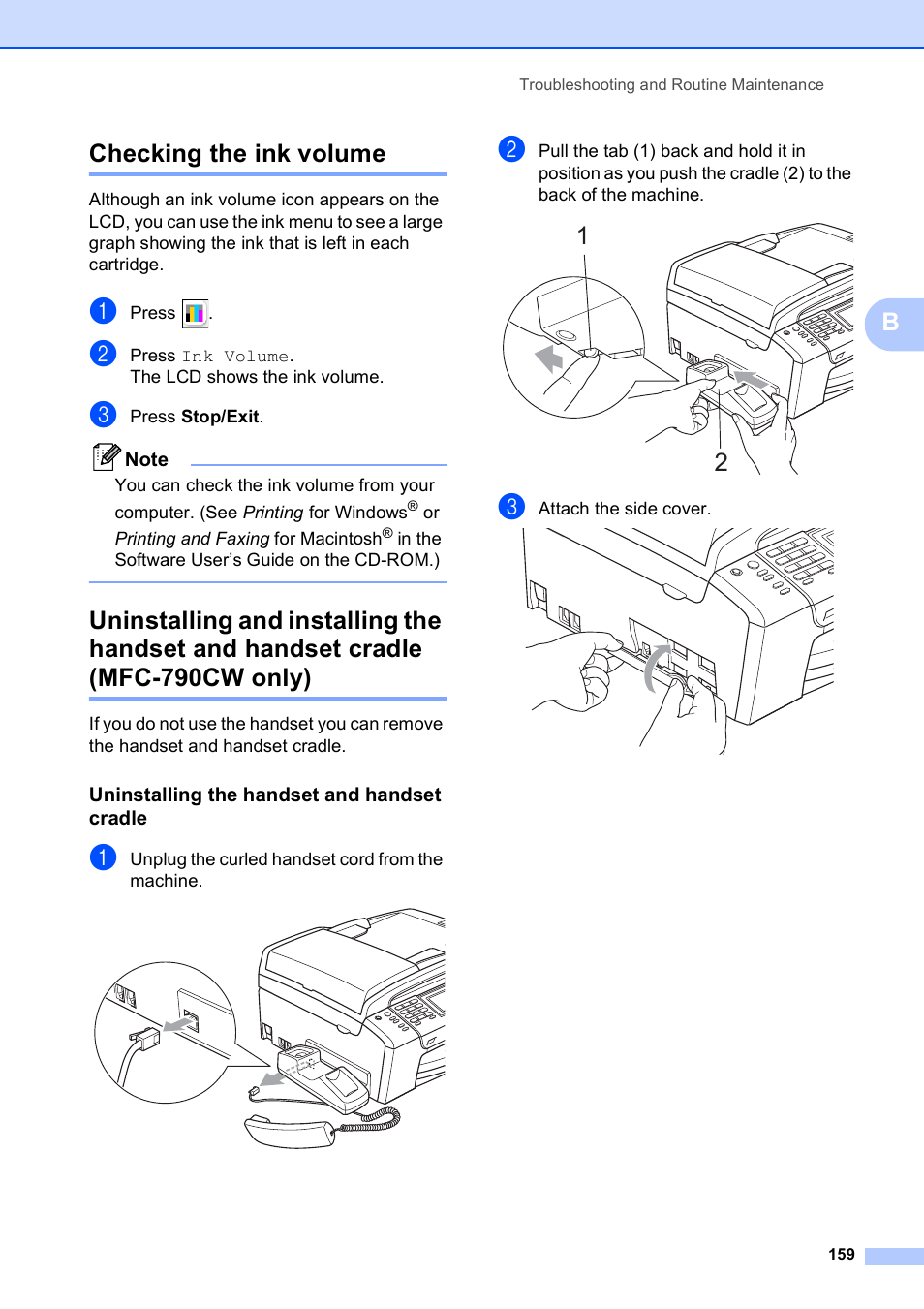 Checking the ink volume, Uninstalling the handset and handset cradle, Mfc-790cw only) | Bchecking the ink volume | Brother MFC 990cw User Manual | Page 171 / 227