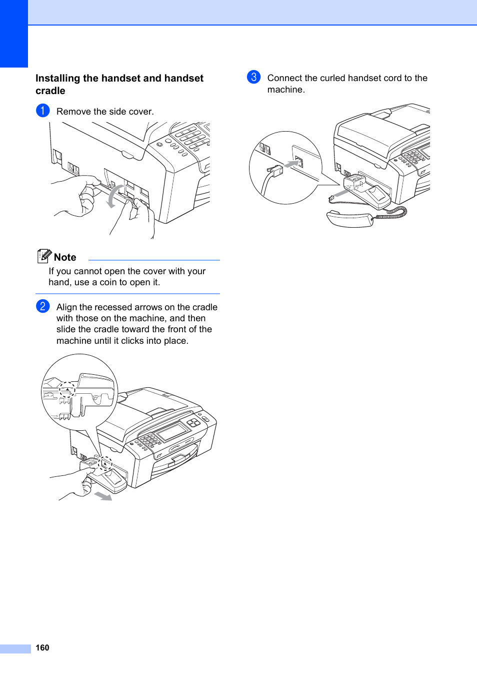 Installing the handset and handset cradle | Brother MFC 990cw User Manual | Page 172 / 227