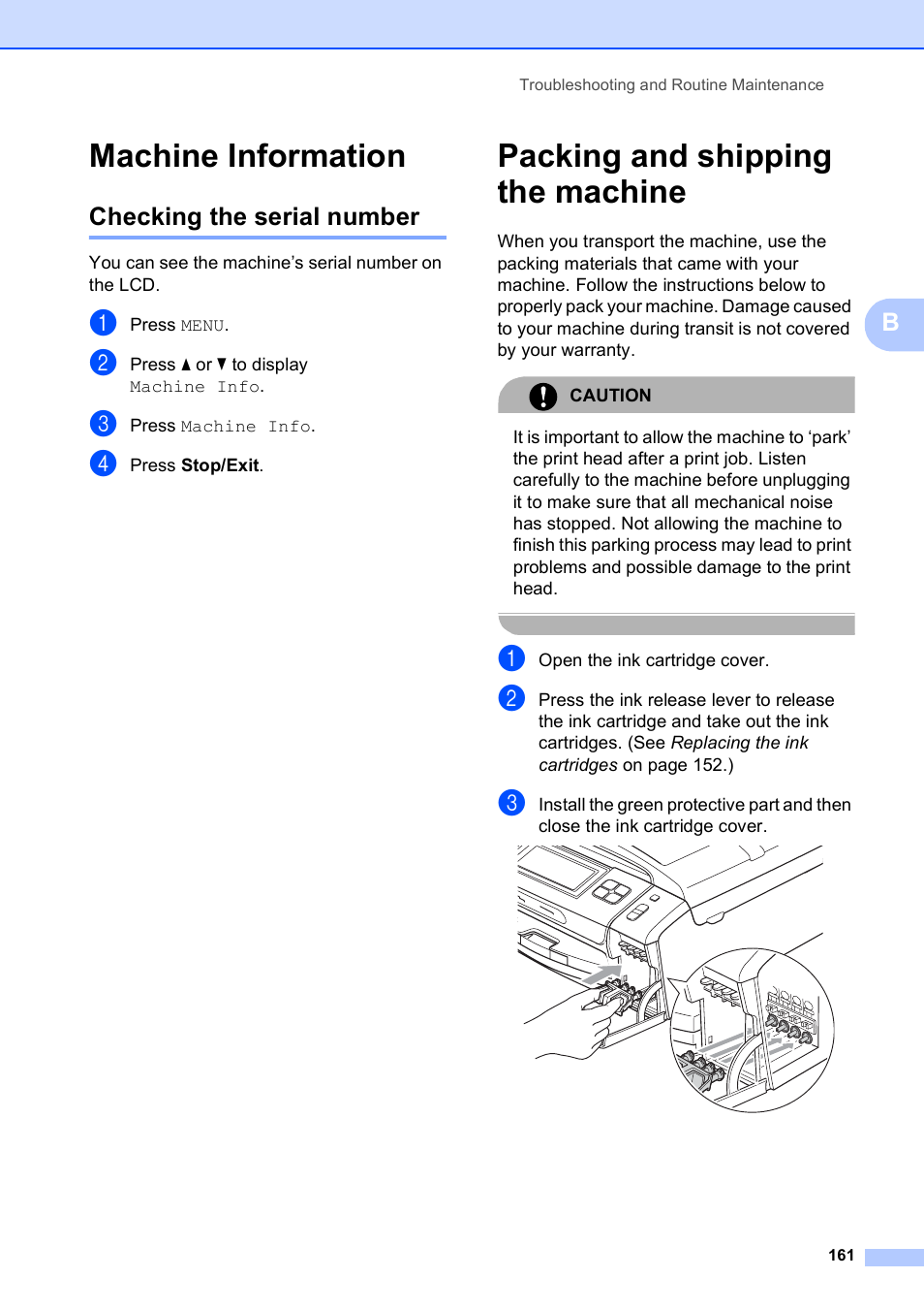 Machine information, Checking the serial number, Packing and shipping the machine | Brother MFC 990cw User Manual | Page 173 / 227