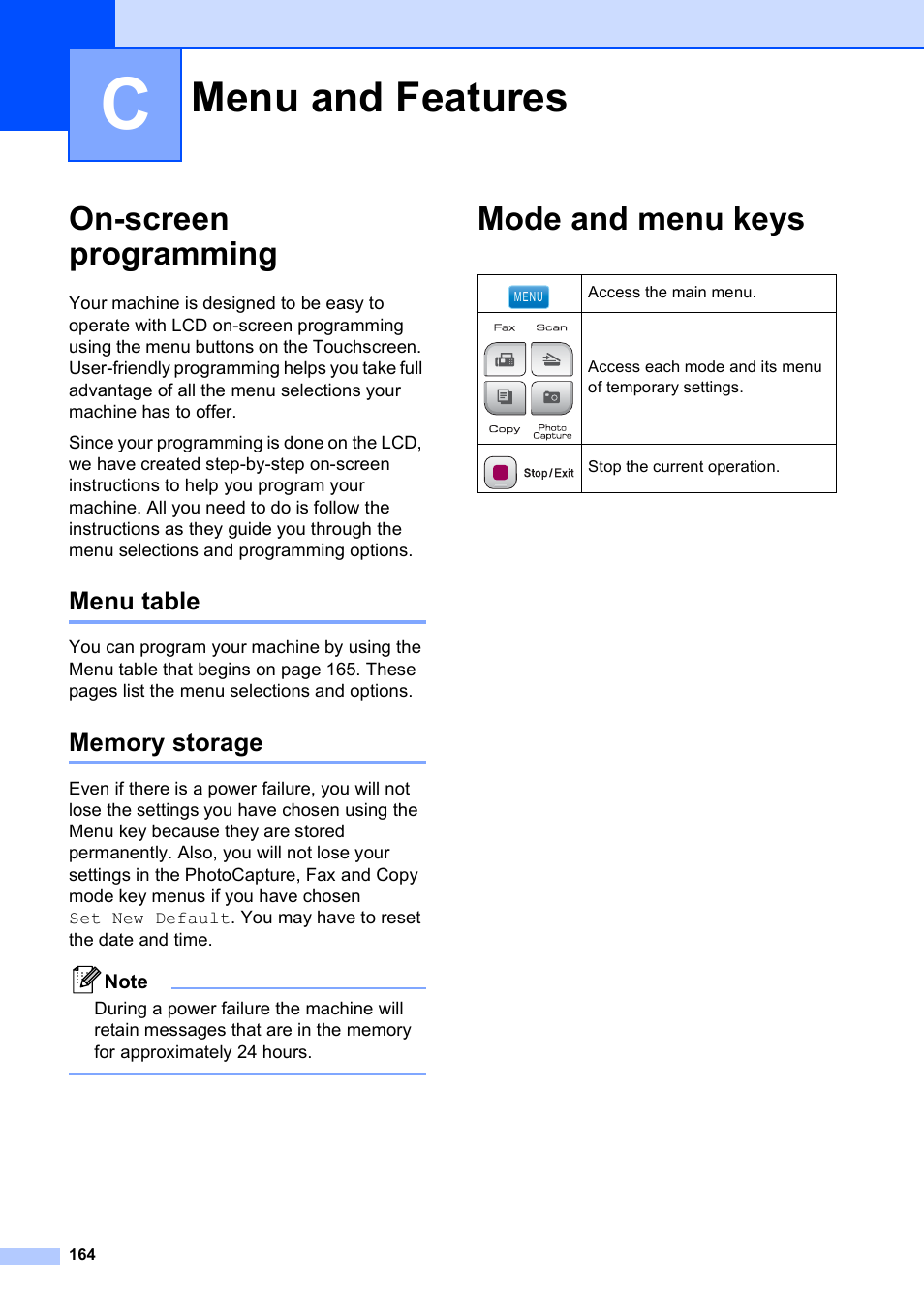 C menu and features, On-screen programming, Menu table | Memory storage, Mode and menu keys, Menu and features, Menu table memory storage | Brother MFC 990cw User Manual | Page 176 / 227