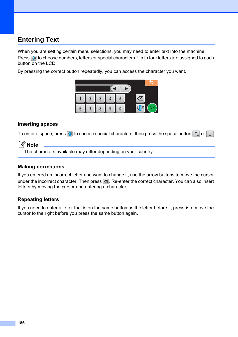 Entering text, Inserting spaces, Making corrections | Repeating letters | Brother MFC 990cw User Manual | Page 198 / 227