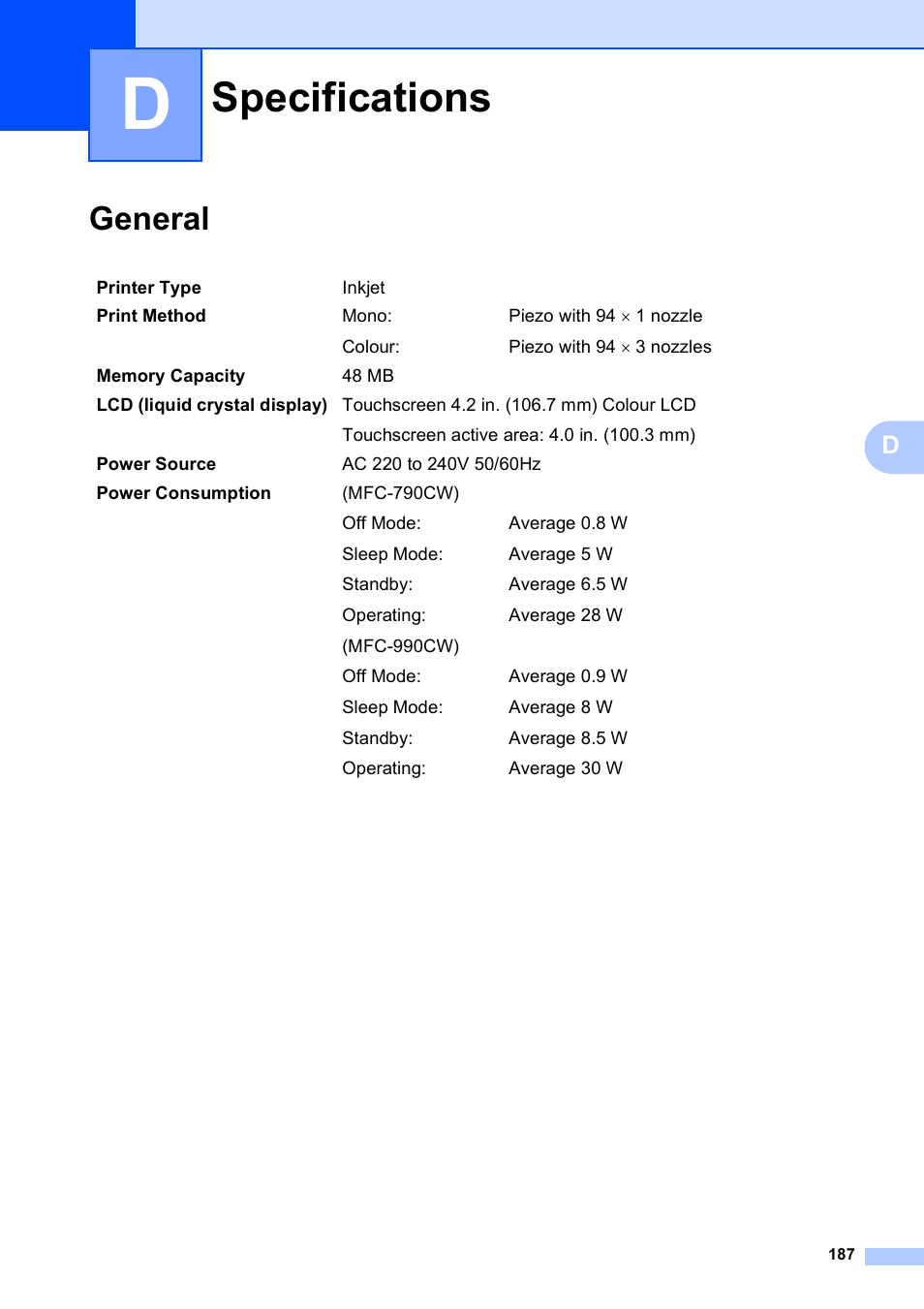 D specifications, General, Specifications | Brother MFC 990cw User Manual | Page 199 / 227