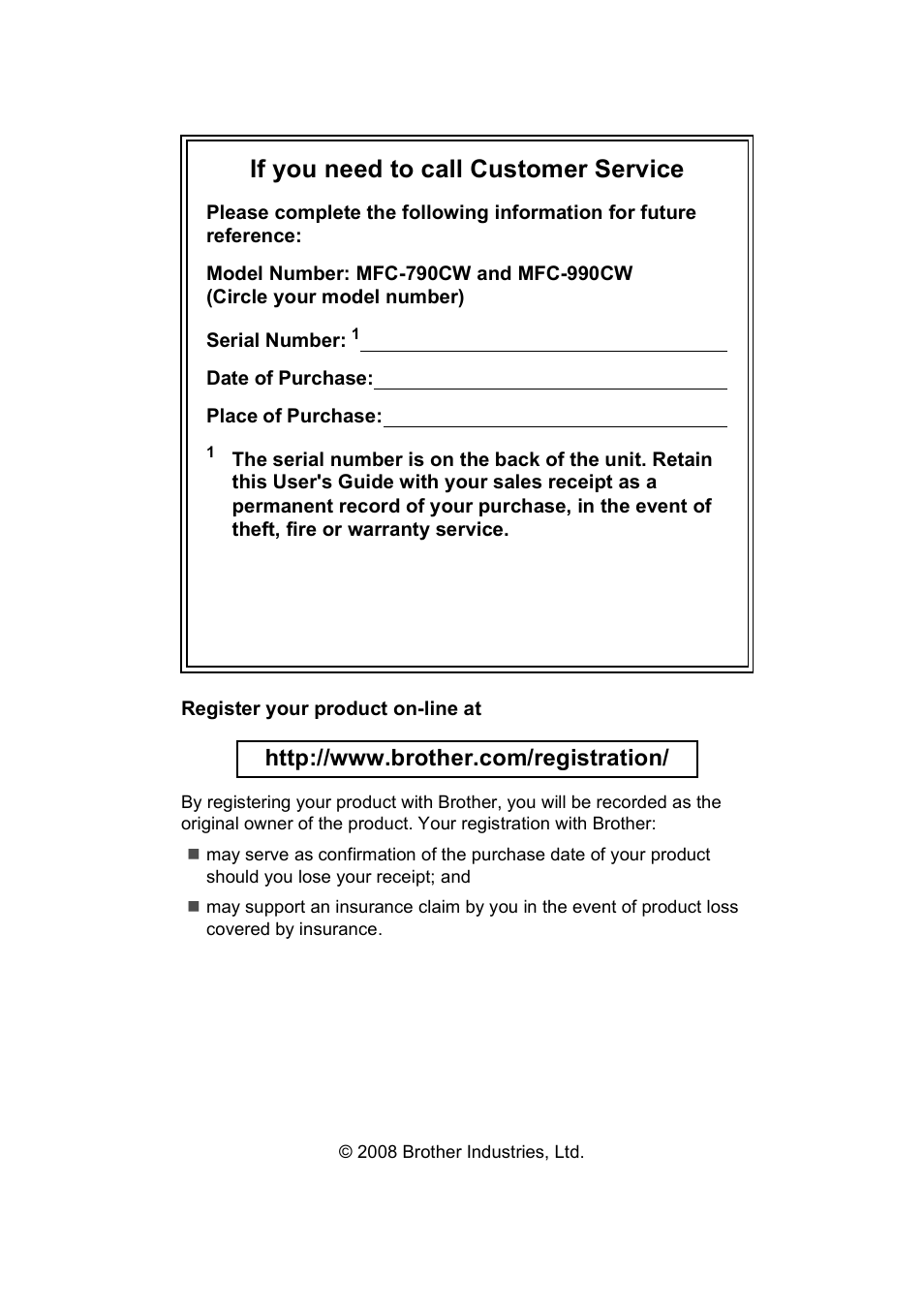 If you need to call customer service | Brother MFC 990cw User Manual | Page 2 / 227