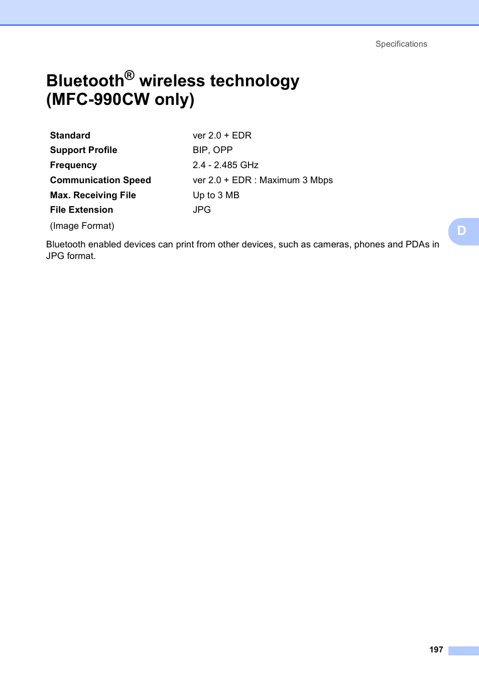 Bluetooth® wireless technology (mfc-990cw only), Bluetooth, Wireless technology (mfc-990cw only) | Brother MFC 990cw User Manual | Page 209 / 227