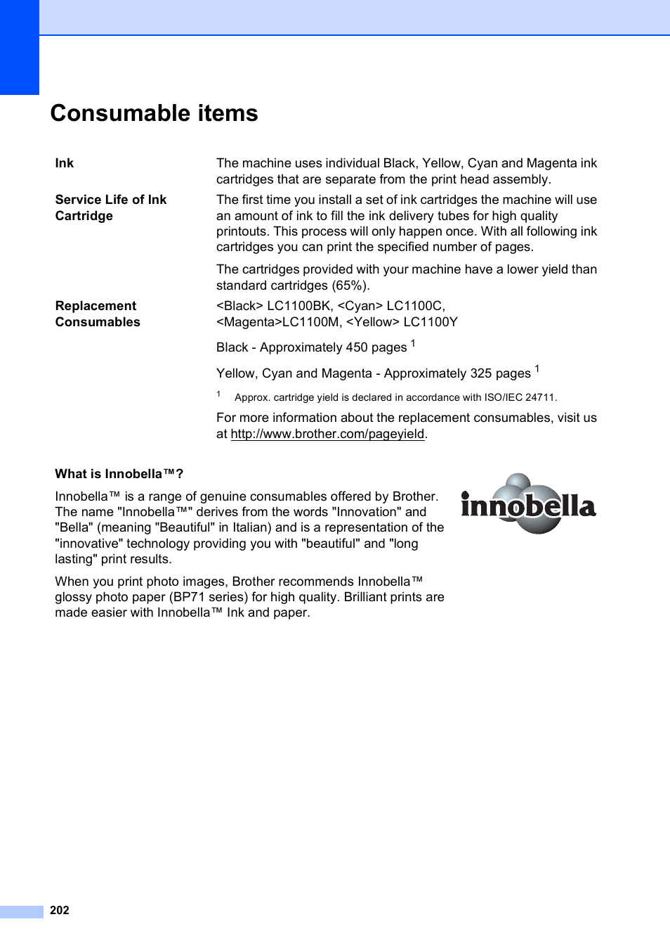 Consumable items | Brother MFC 990cw User Manual | Page 214 / 227