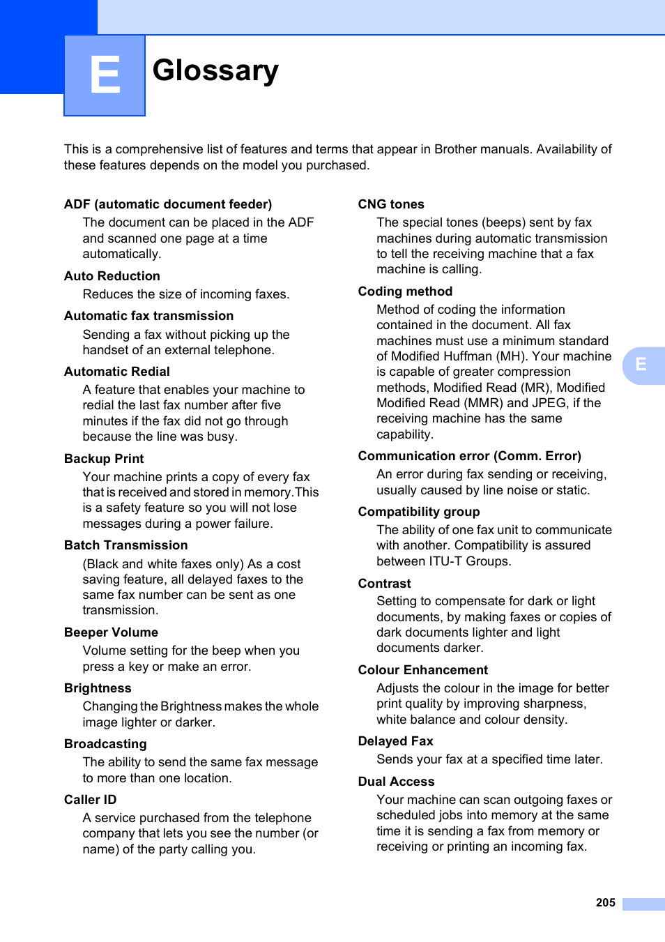 E glossary, Glossary | Brother MFC 990cw User Manual | Page 217 / 227