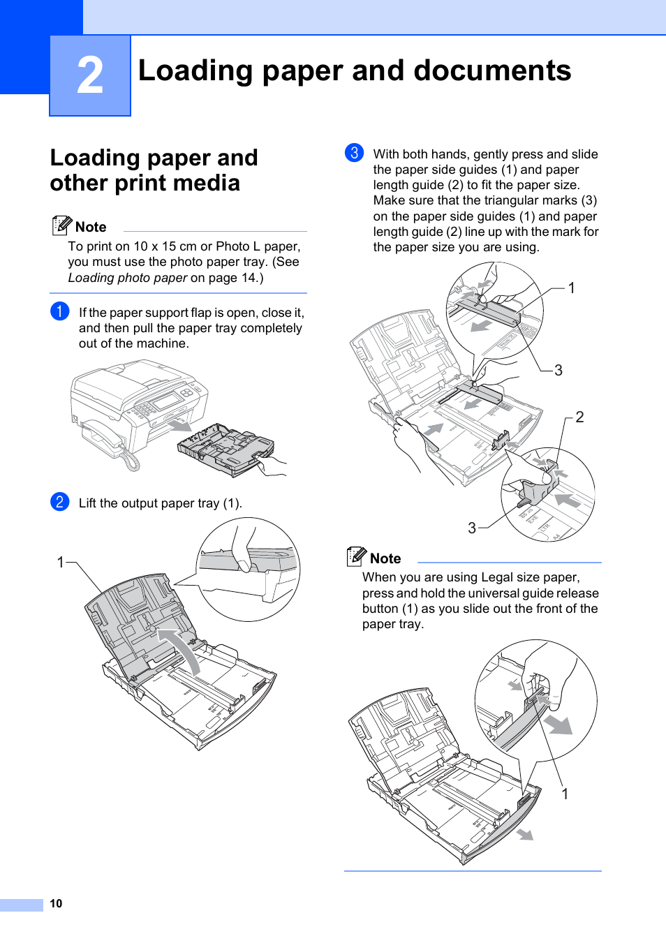 2 loading paper and documents, Loading paper and other print media, Loading paper and documents | Brother MFC 990cw User Manual | Page 22 / 227