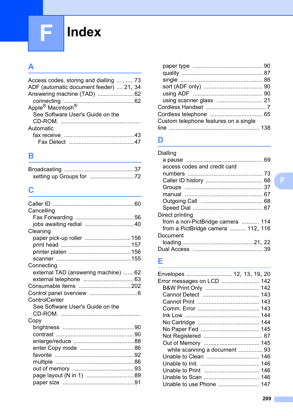 Index | Brother MFC 990cw User Manual | Page 221 / 227